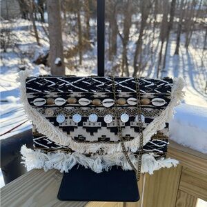 Bohemian Express Black and White Fringe Clutch/Crossbody